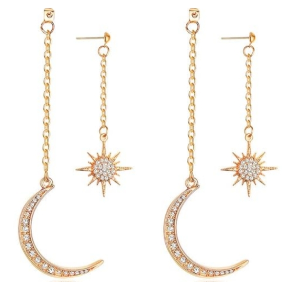 Long Gold Chain Crescent Moon Stars Earrings Rhinestone Crystal 2pc Dangle New - Picture 2 of 7